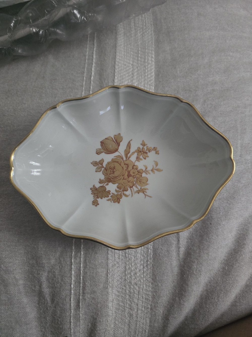 Limoges French Ceramic Trinket Vintage Dish with Gold Floral Motif